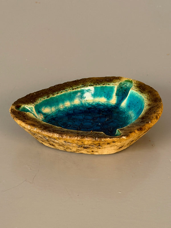 Vintage Ashtray Ceramic 1960s Teal Brown Craquelé Glaze