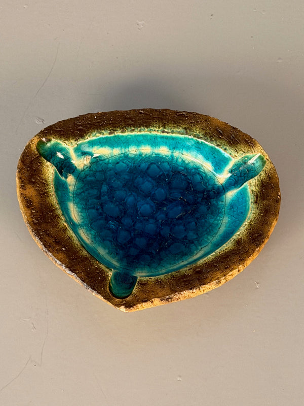 Vintage Ashtray Ceramic 1960s Teal Brown Craquelé Glaze - Image 3