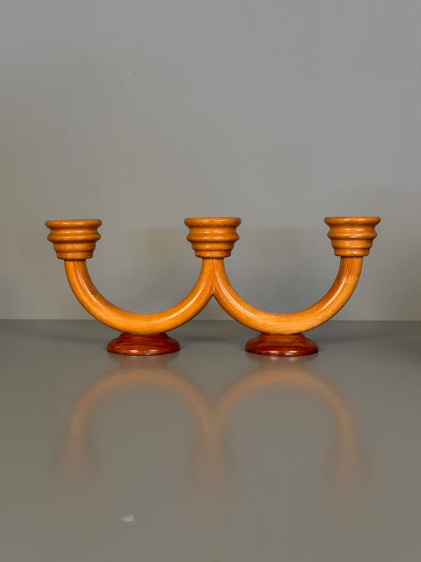 Vintage Candlestick Art Deco Wood 3-Arm Candle Holder 1930s Honey Mahogany