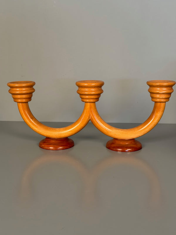 Vintage Candlestick Art Deco Wood 3-Arm Candle Holder 1930s Honey Mahogany - Image 2