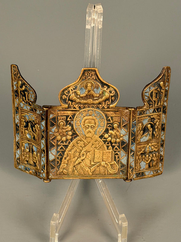 Vintage Travel Icon Altar Brass Triptych Antique Russia Enamel Metal Icon Bronze
