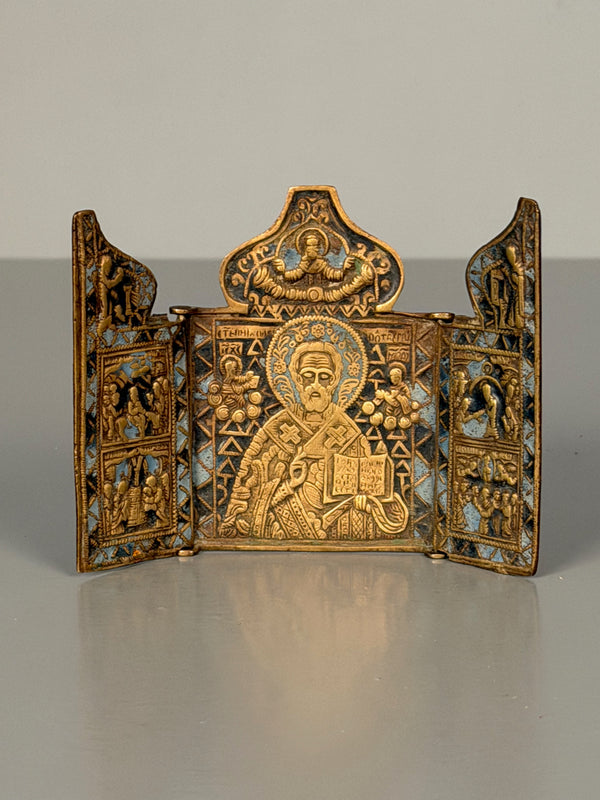 Vintage Travel Icon Altar Brass Triptych Antique Russia Enamel Metal Icon Bronze - Image 3