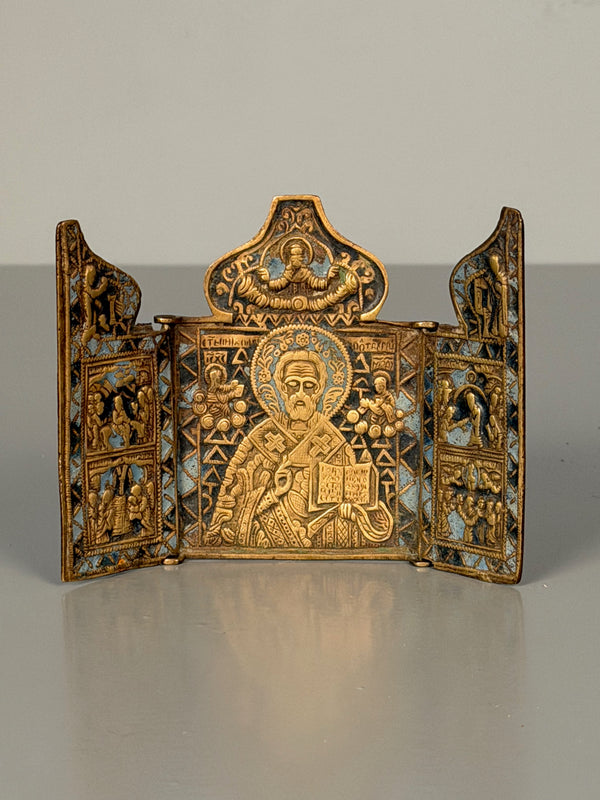 Vintage Travel Icon Altar Brass Triptych Antique Russia Enamel Metal Icon Bronze - Image 4