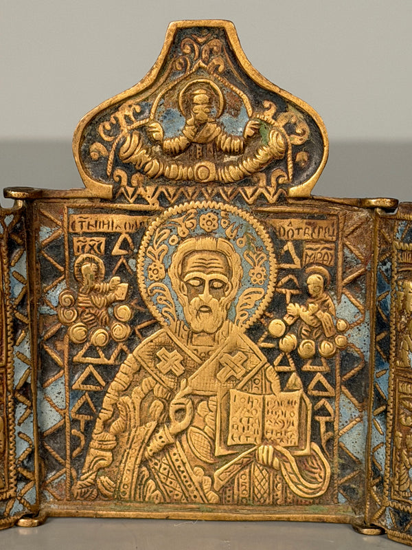 Vintage Travel Icon Altar Brass Triptych Antique Russia Enamel Metal Icon Bronze - Image 5