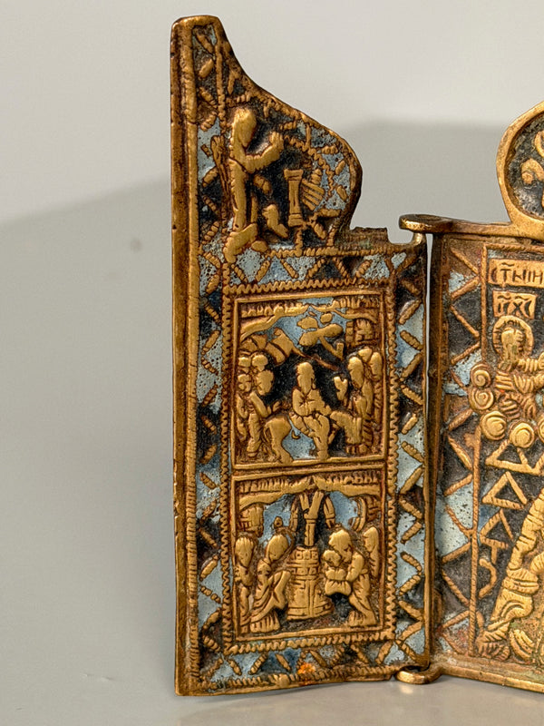 Vintage Travel Icon Altar Brass Triptych Antique Russia Enamel Metal Icon Bronze - Image 6